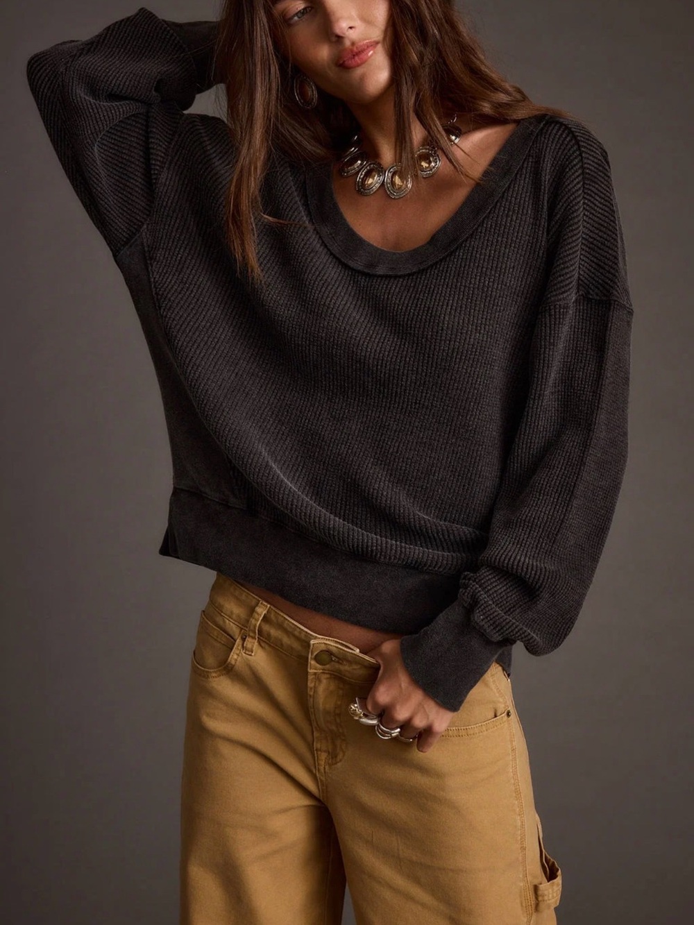 Lush NWOT Washed Black Waffle Knit Scoop Neck Top